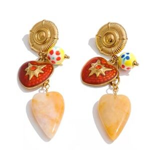 Sara Sotti Stainless  Gold-Tone Orange Heart Drop Earrings with Natural Stone